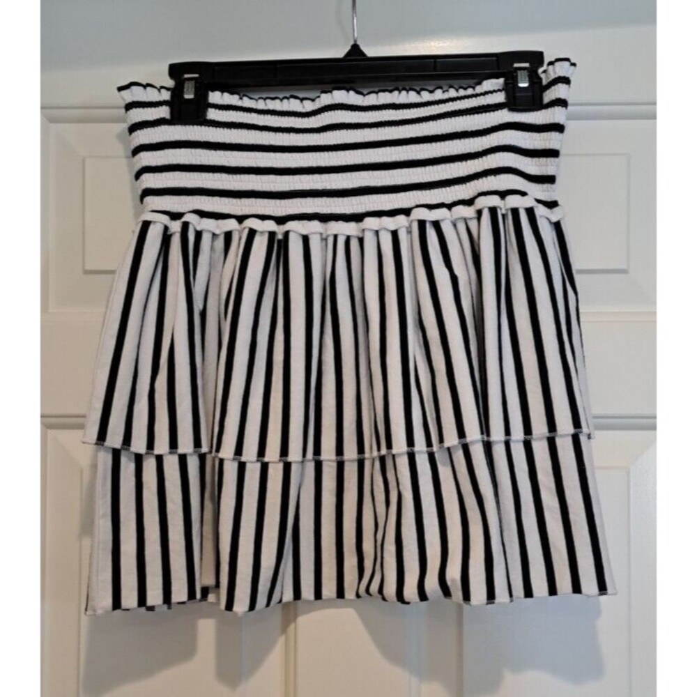 Duffield Lane Nancy Navy Stripe Smocked Waist Tiered Ruffle Skirt Women's Small